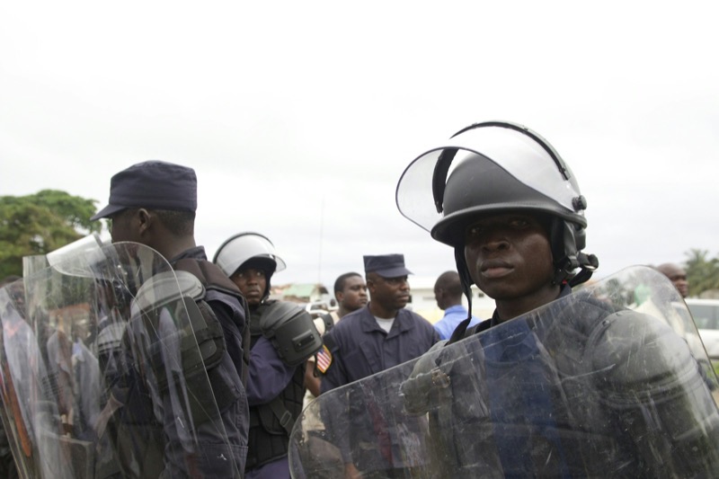 Liberia National Police officers in riot gear in Monrovia